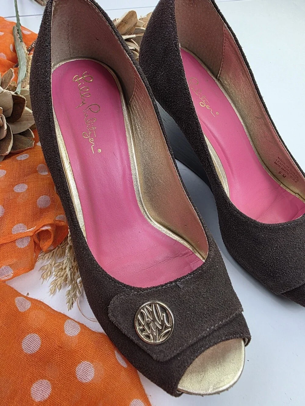 Lilly Pulitzer Brown Suede Peep-Toe Wedges Sz 6